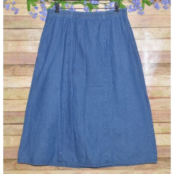 Vermont Country Store Midi Skirt Blue Denim Modest Pull On Size L Western Retro - Picture 1 of 6